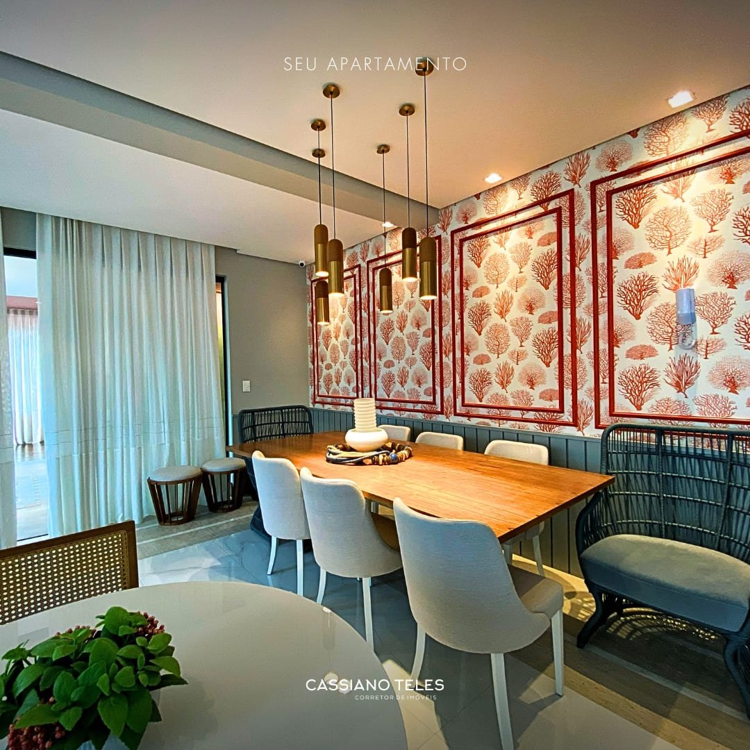 Espaço de convívio no salão de festas do Carmel Residence Itapema.