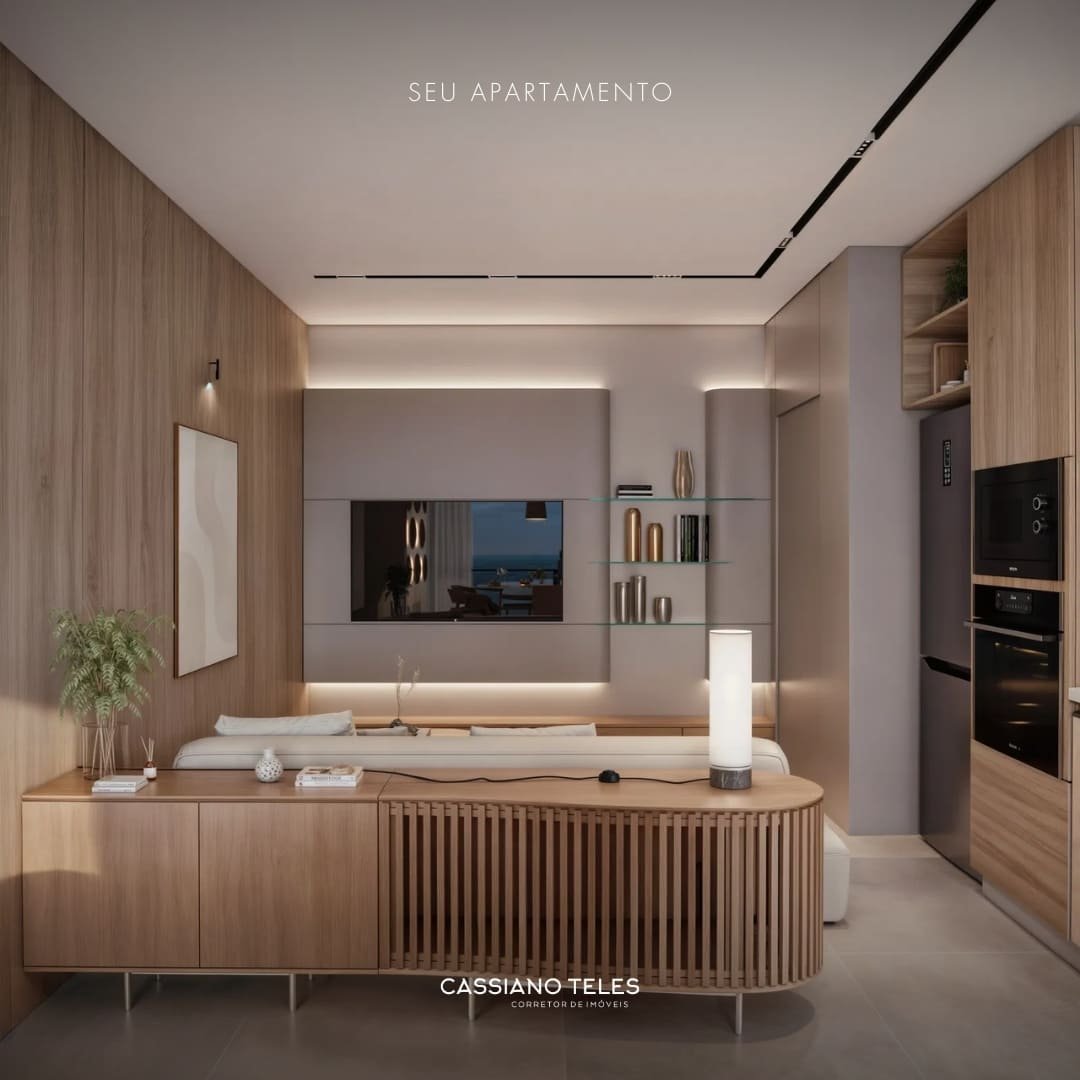Sala de estar do apartamento à venda no Vellum em Porto Belo, com ambiente integrado e acabamento moderno.