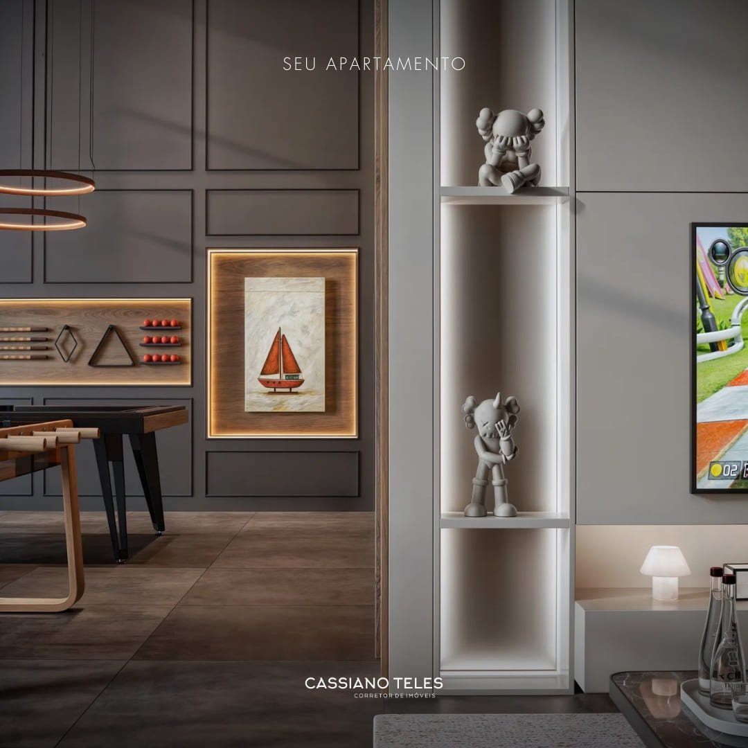 Salão de jogos do Vellum em Porto Belo, espaço de lazer moderno e pensado para momentos de diversão em família.