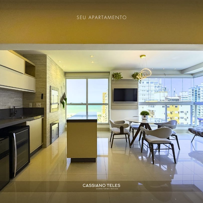 Área gourmet do Apartamento à venda Itapema Le Lis Blanc com bancada em pedra e vista para o mar