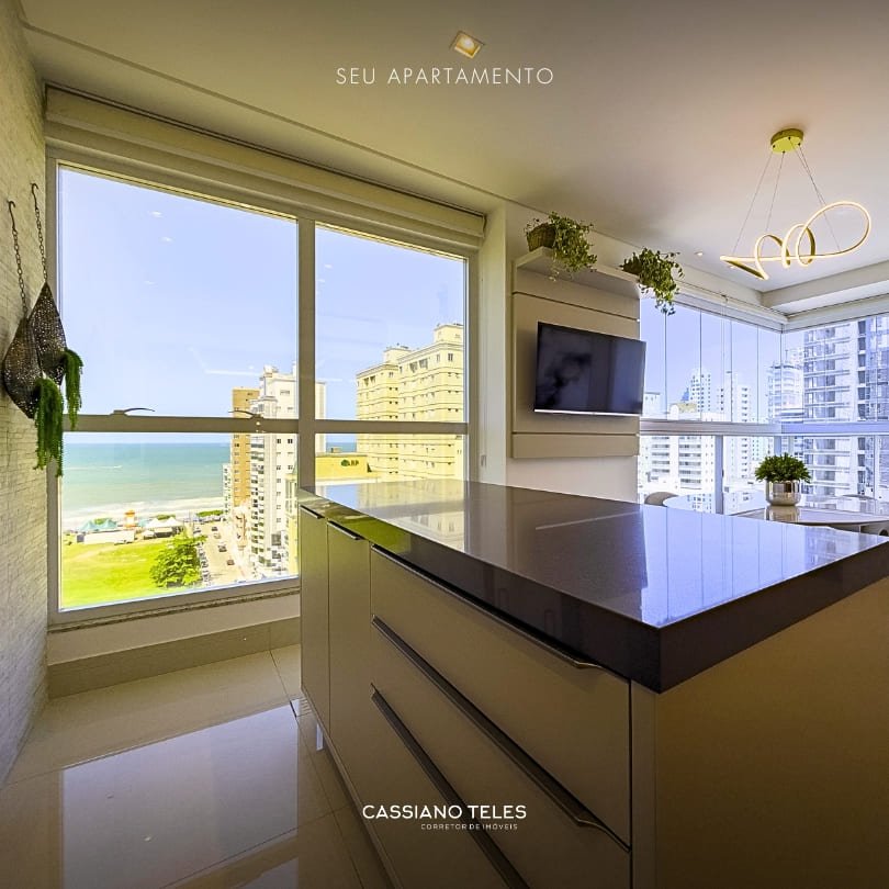 Área gourmet integrada do Apartamento à venda Itapema Le Lis Blanc com mesa, iluminação moderna e vista urbana