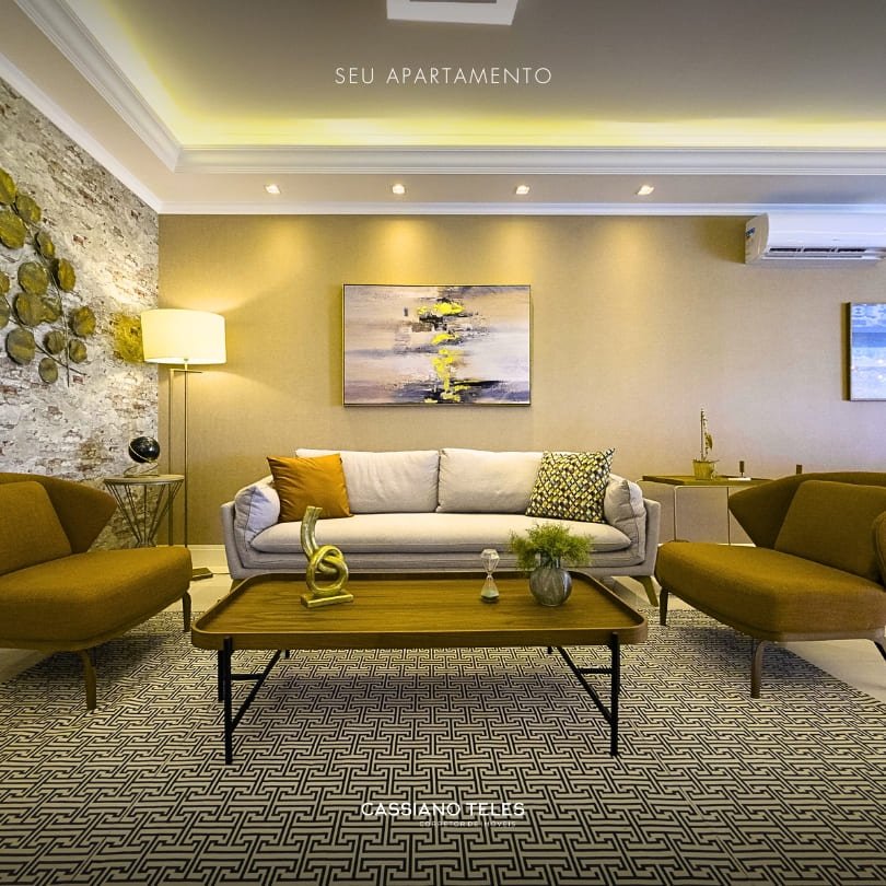 Sala de estar do Apartamento à venda Itapema Le Lis Blanc com sofá amplo, iluminação em LED e acabamento sofisticado