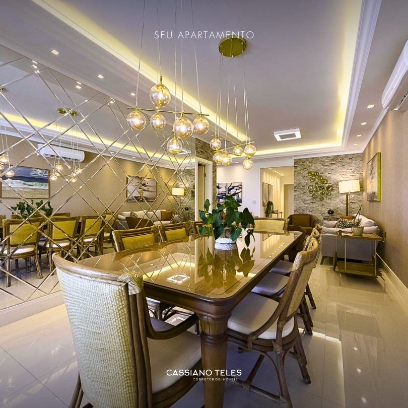 Sala de jantar do apartamento à venda Le Lis Blanc Itapema com mesa ampla, iluminação em LED e acabamento de alto padrão